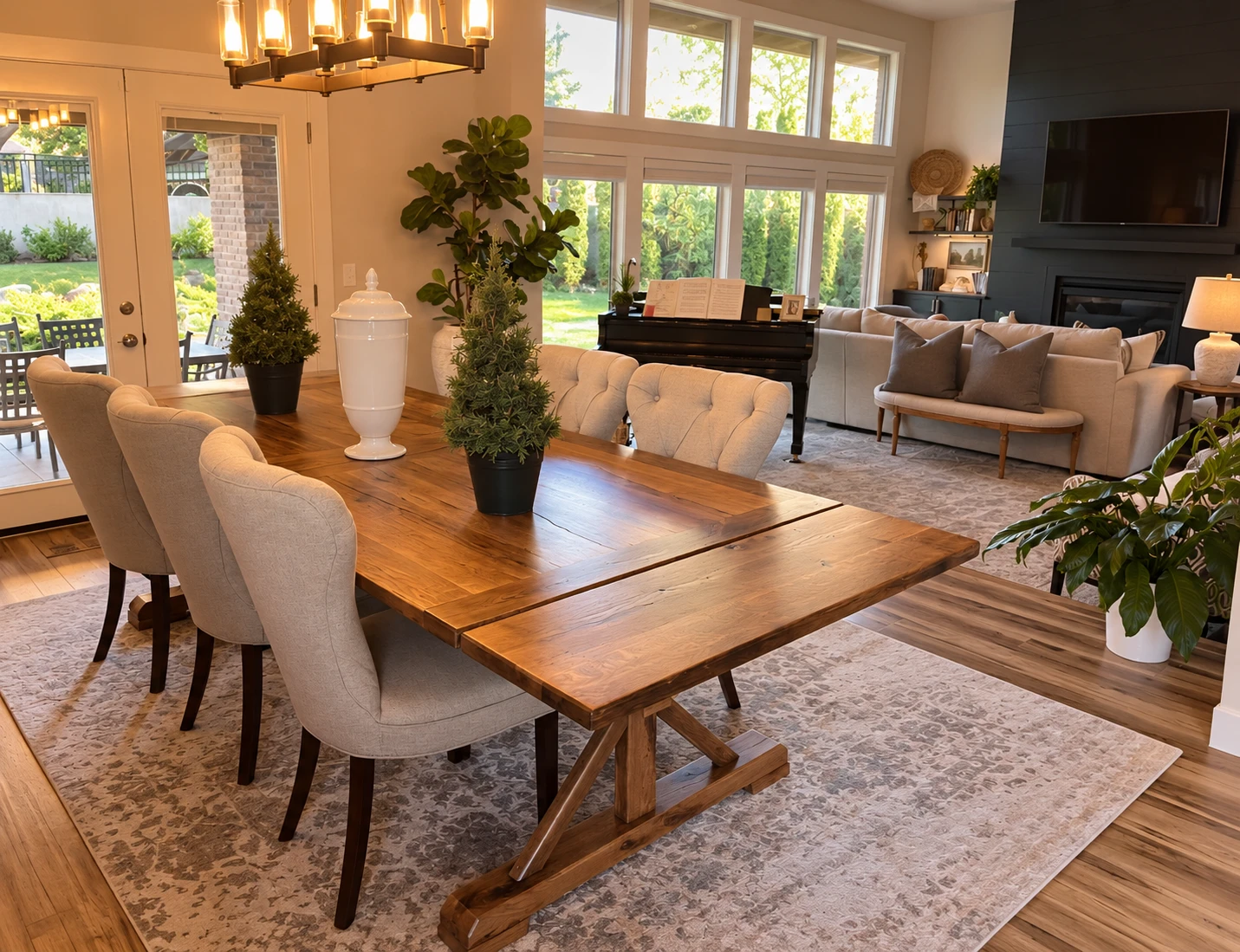 Custom wooden dining table with trestle base in a warm farmhouse dining room