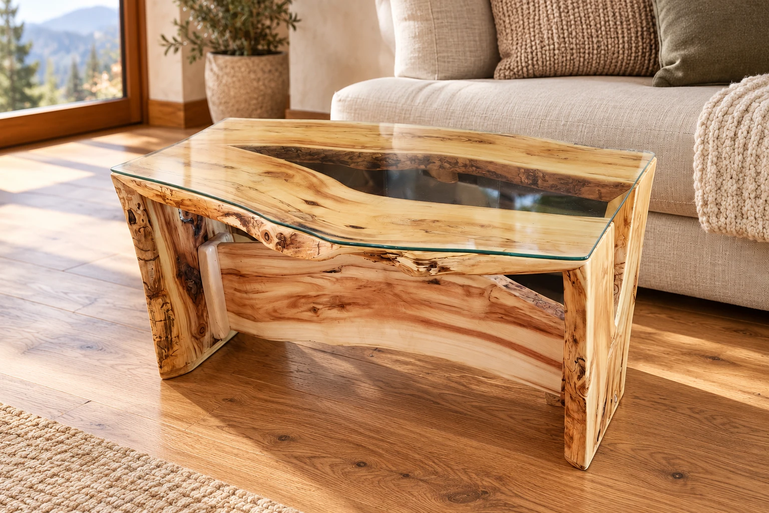 Live-edge glass-top end table staged beside a cream sofa