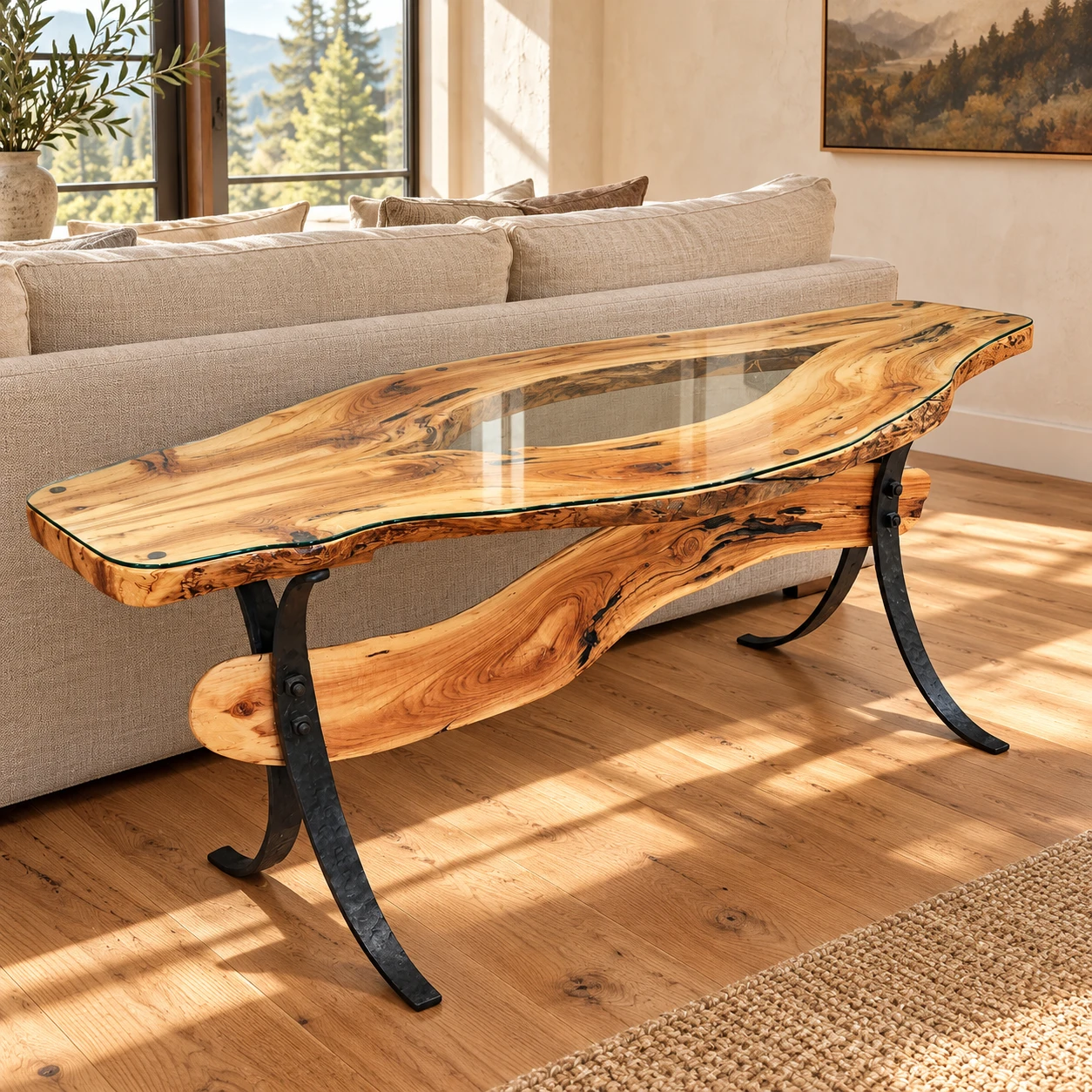 Live-edge glass-top console table with curved iron legs staged in a warm mountain home
