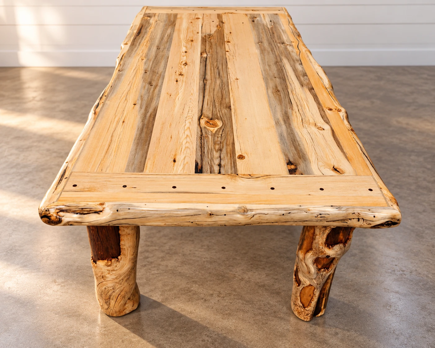 Live-edge table showing its wood grain, framed top, and log legs