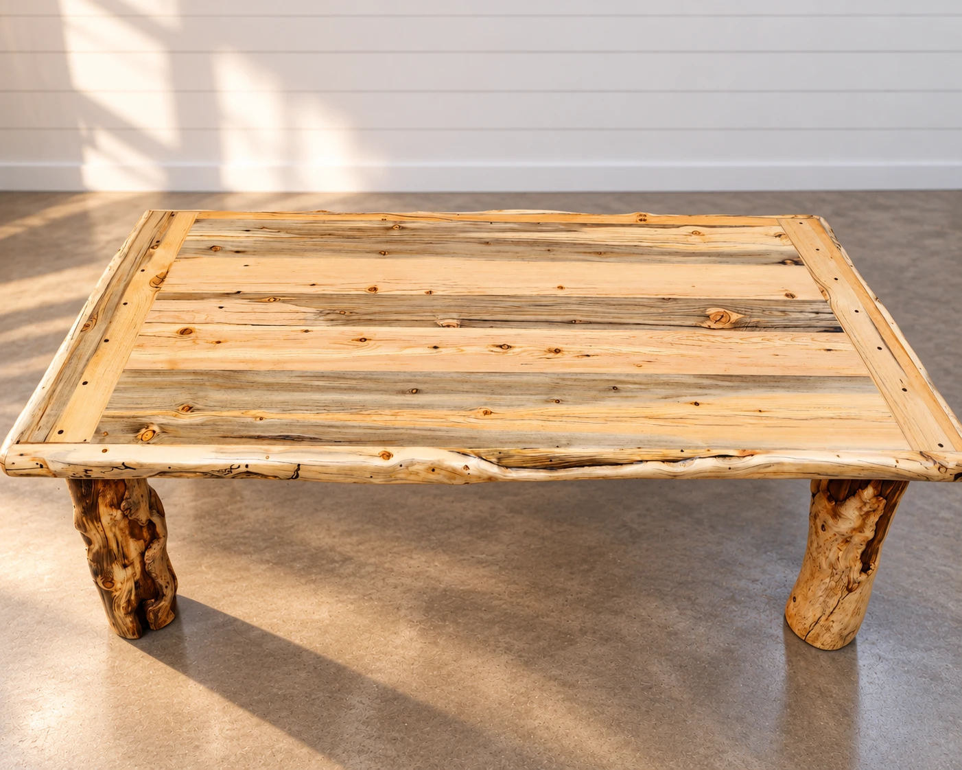 Handcrafted live-edge wooden table with natural log legs, viewed from the side