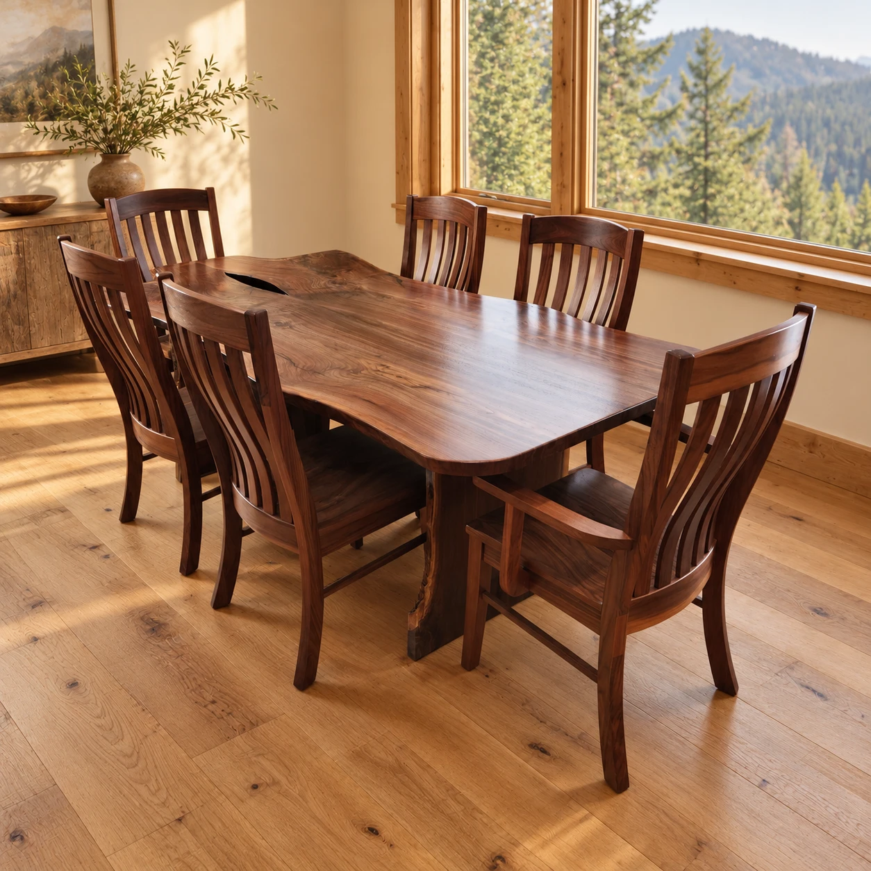 Custom wood dining table and matching chairs staged in a sunlit mountain dining room